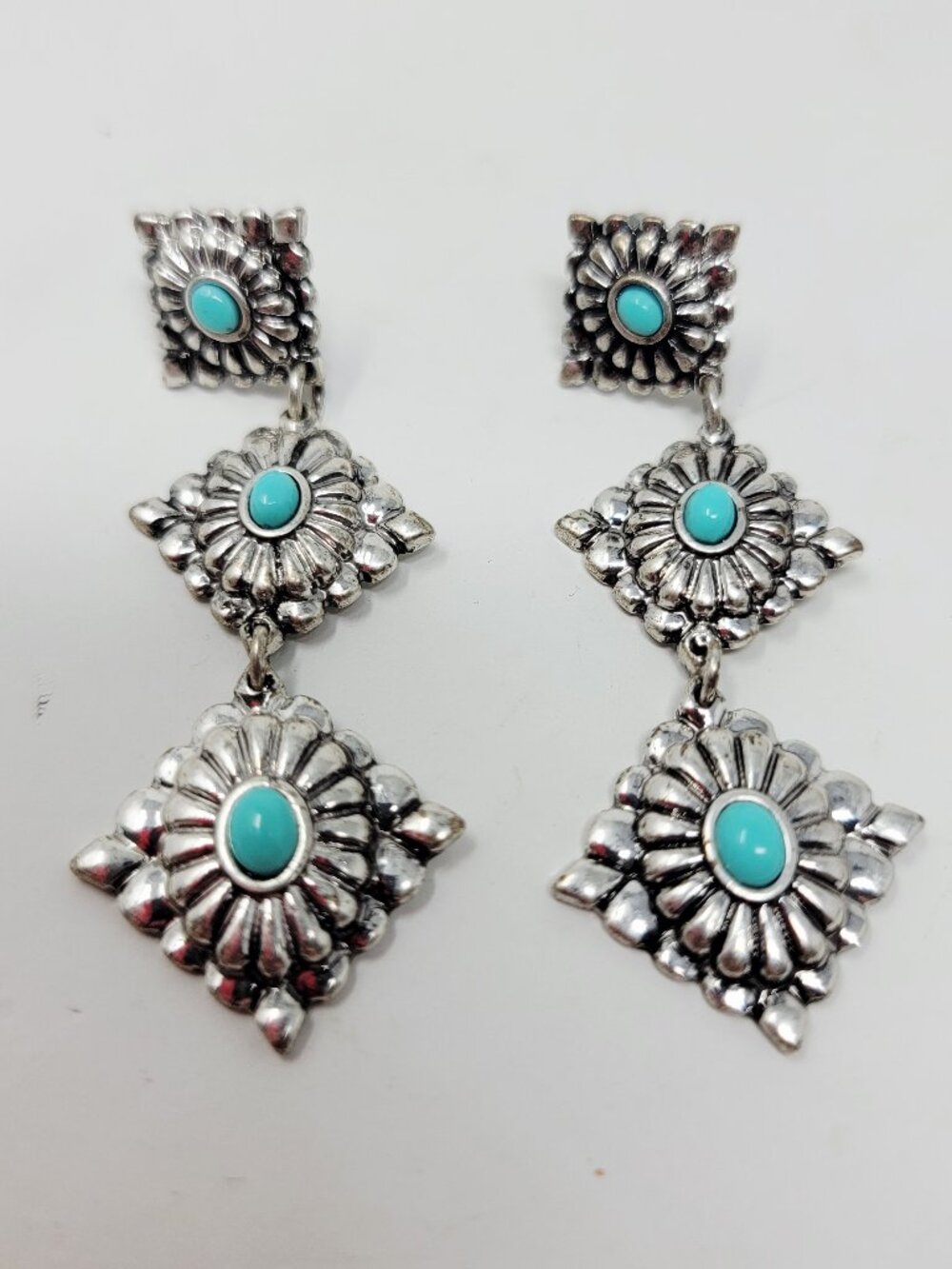 #38 Boho Southwestern Faux Turquoise Dangle Earrings Silver Tone